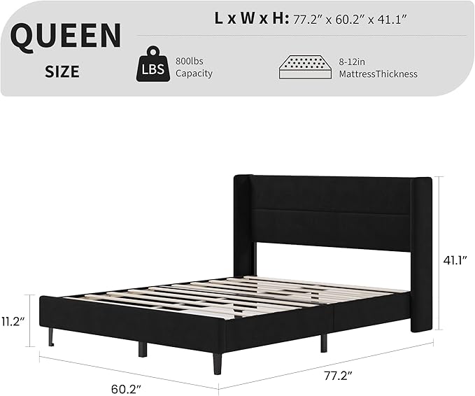 Garvee Queen Size Bed Frame with Wingback Headboard, Velvet Upholstered Platform Bedframe with Wood Slats, No Box Spring Needed, Easy Assembly, Black
