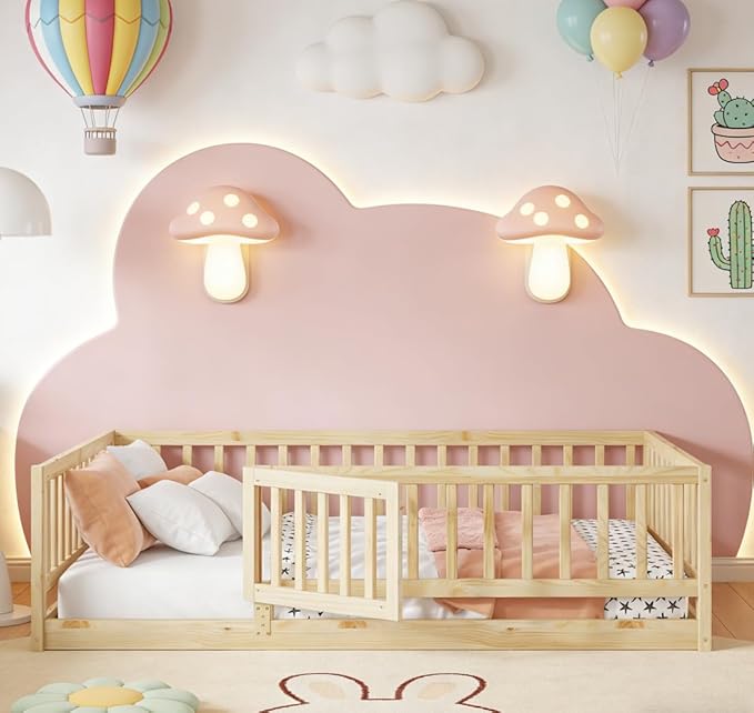 Bellemave Ful Montessori Floor Bed with 21.5" High Rails and Slats, Pine,Plywood Floor Bed with Small Door, Natural