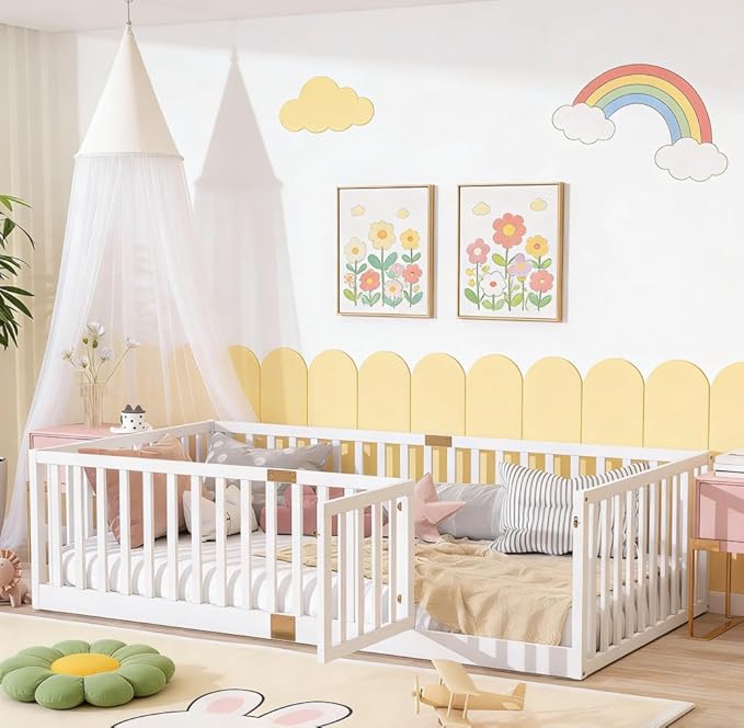 Bellemave Twin Size Montessori Floor Bed with 21.5" High Rails, Rubber Wood Twin Floor Bed with Slats and Door, White