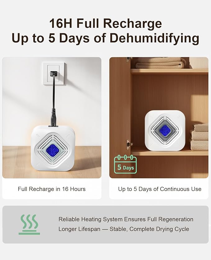 Dehumidifier for Bathroom with Color-Changing Beads, Rechargeable Small Dehumidifier for Closet, Portable Gun Safe Dehumidifier Ideal for Spaces up to 35 Sq.Ft Coverage, Quiet Operation