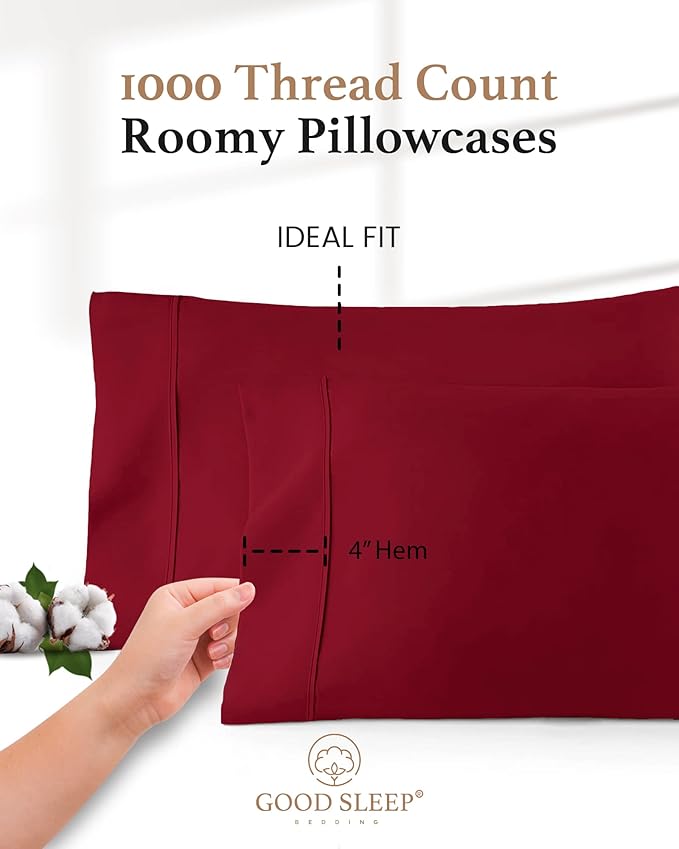 1000 TC Burgundy Standard Pillowcases Set of 4 100% Egyptian Cotton Pillow Cases with Long Staple Cotton & Sateen Weave, Silky Soft Hotel - Like Bed Pillow Covers for Comfy Sleeping, Snug Fit
