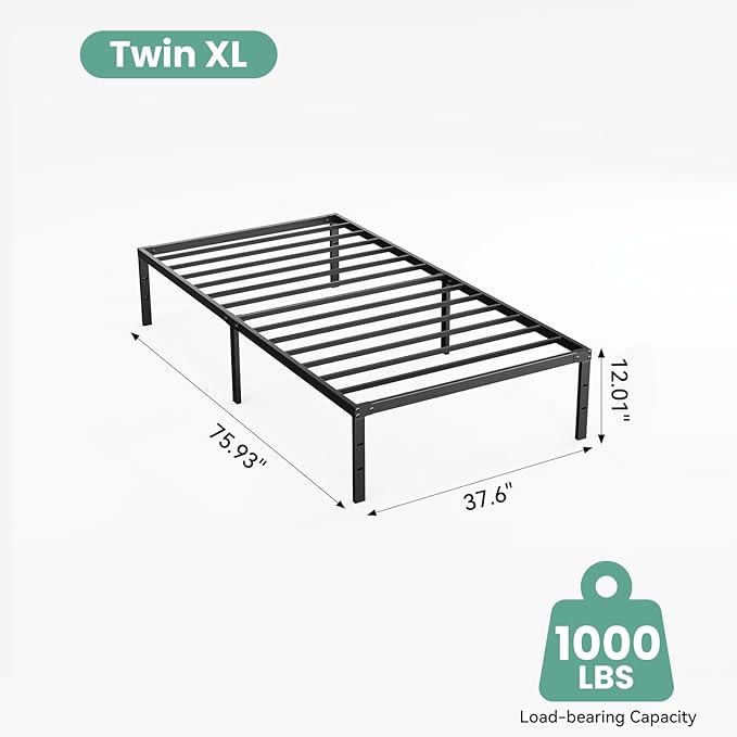 Sweetcrispy Twin XL Size 12 Inch Platform Bed Frame, Heavy Duty Metal Foundation Frame, Noise-Free Sturdy Steel Slats, Underbed Storage, No Box Spring Needed, Quick Setup