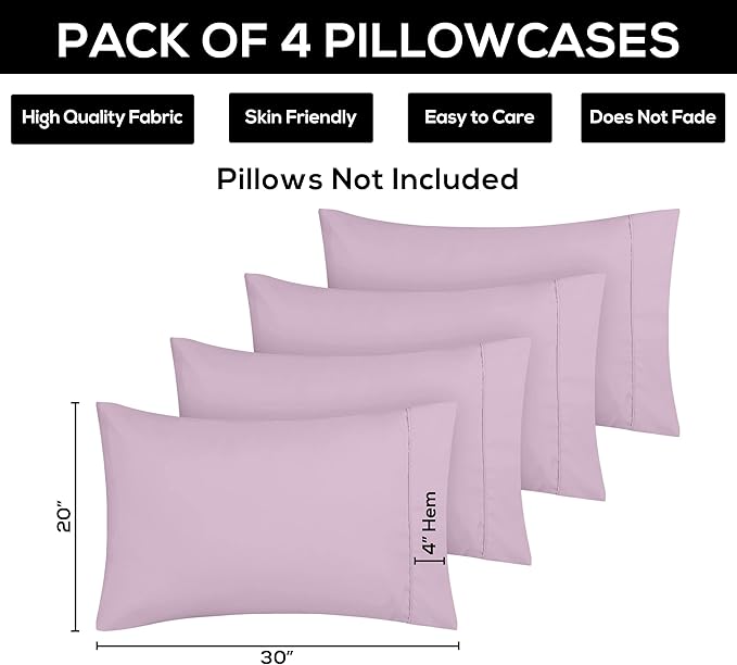 Utopia Bedding Queen Pillow Cases - 4 Pack - Envelope Closure - Soft Brushed Microfiber Fabric - Shrinkage and Fade Resistant Pillow Covers Queen Size 20 X 30 Inches (Queen, Lavender)