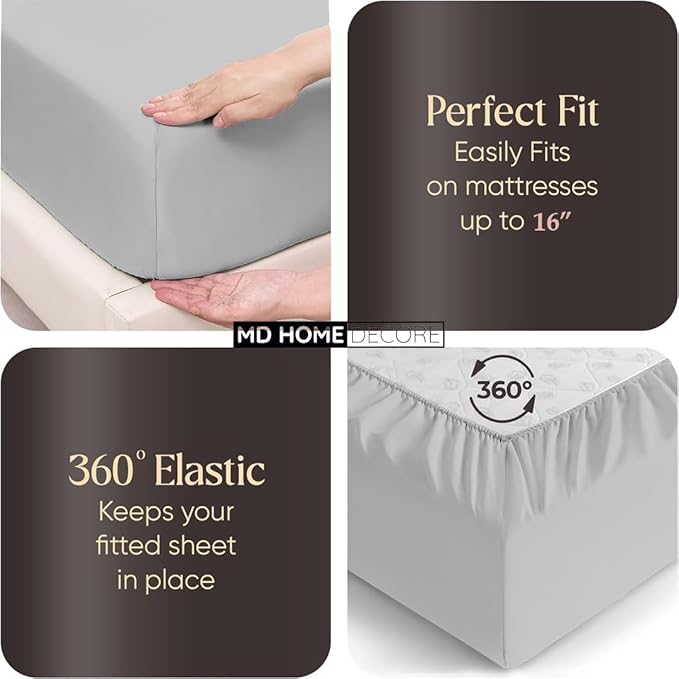 4 PC Split Head Flex Sheet Set, 39" Top Split King Sheets for Adjustable Beds, 100% Egyptian Cotton, 16 Inch Deep Pocket, Soft Durable Breathable Sheets, Light Grey Solid, Ideal for Adjustable Beds