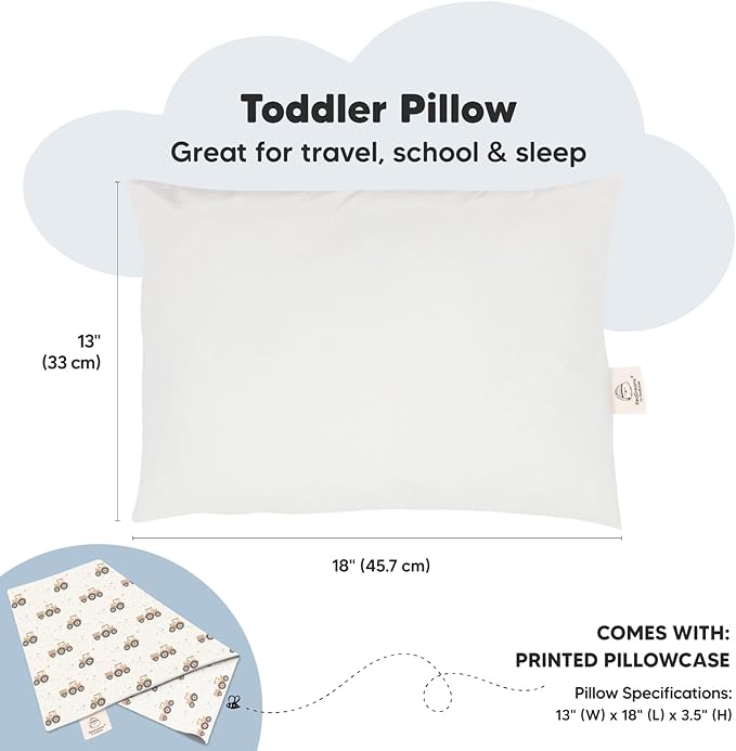 Toddler Pillow with Pillowcase - 13x18 My Little Dreamy Kids Travel Bed Pillows for Sleeping, Organic Cotton Small Pillowcase, Soft & Breathable, Machine Washable, Toddlers 2-5 years old (Tractor)