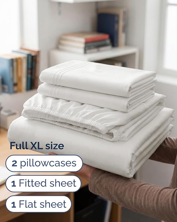 Full XL Bed Sheet - 4 Piece Full XL Bed Sheets Set - Ultra-Soft, Breathable & Cooling - Hotel Luxury Bedding for Women & Men w/ Deep Pockets - Wrinkle Free & Fade Resistant - Oeko-Tex - Antique White