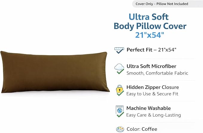 EVOLIVE Ultra Soft Body Pillow Cover 21"x54", Cozy Microfiber Pillowcase with Hidden Zipper, Breathable, Perfect for Pregnancy & Side Sleepers, Cover Only (21"x54" Body Pillow Cover, Coffee)