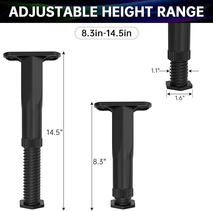 8PCS Adjustable Bed Frame Support Legs (8.3"-14.5" ), Frame Center Slats Heavy Support Leg, Extra Durable Furniture Suport Feet, for Frame/Sofa/Dresser/Chair/Table, Legs Furniture Replacement Parts