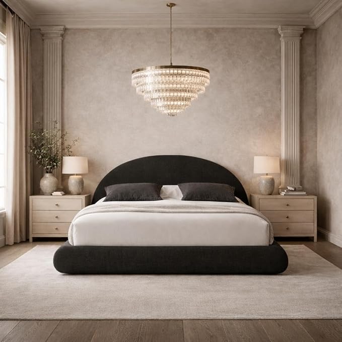 Round Bed – Washable Zip Cover - Upholstered Linen Soft Foam - Modular Minimalist Modern - Half Circle Moon - Sold Sold Separately (Black Linen, Twin Base)
