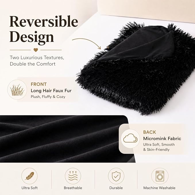 Reafort Luxury Faux Fur Body Pillow Cover 21" x 54", Long Hair PV Plush Body Pillow Case with Hidden Zipper Closure, Ultra Soft Fluffy Decorative Long Pillow Cover (Black, Body)