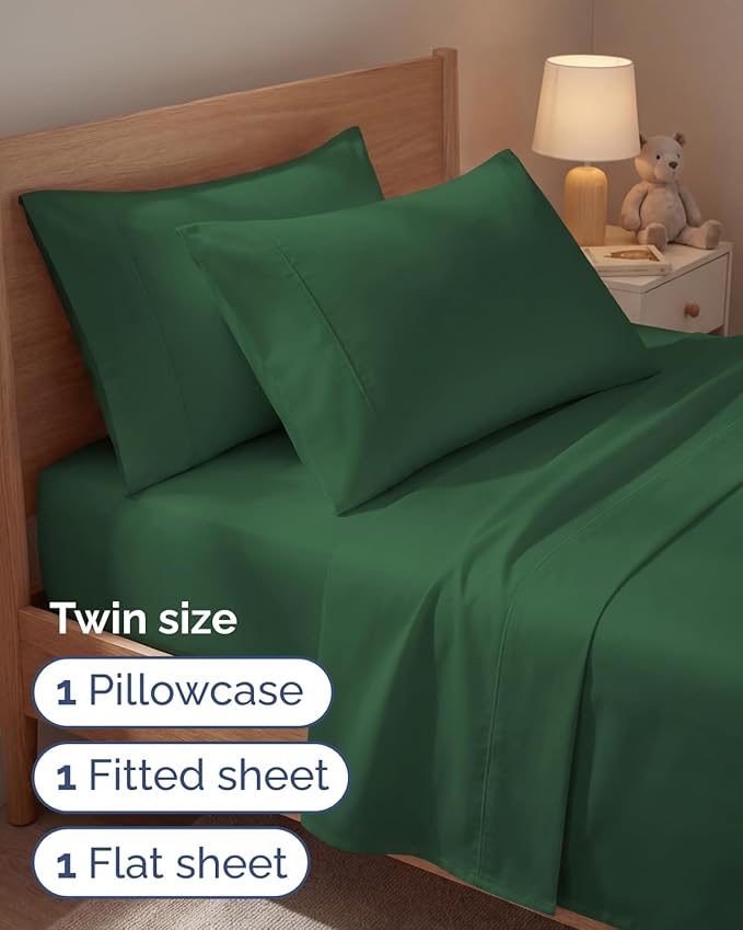 Twin 4 Piece Sheet Set - Comfy, Breathable & Cooling - Hotel Luxury Bedding for Women, Men, Kids, Teens and Children - 1 Flat & 1 Fitted Sheet & 2 Pillowcases w/ Deep Pockets - Wrinkle Free - Emerald