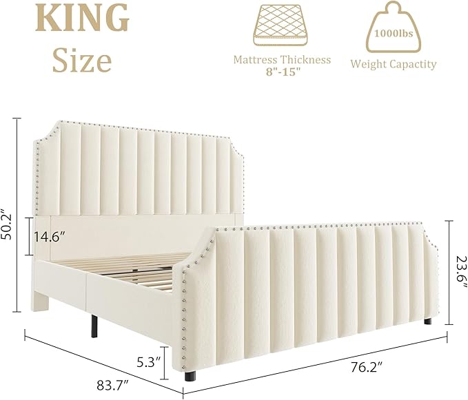 GarveeHome King Size Velvet Bed Frame, 50.2 in Tall Headboard & Footboard, Upholstered Platform King Bed Frame with Nailhead Trim, No Box Spring Needed, Noise Free, Solid Wooden Slats, Beige