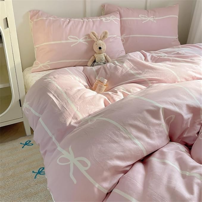 Nayoroom Pink Bow Duvet Cover Queen Size Kids Girls Cute Coquette Bedding Set 3 Pcs Soft Microfiber Reversible White Striped Comforter Cover Gifts for Women