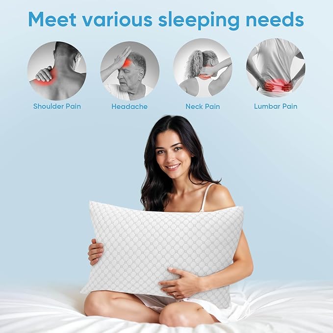 OAISZ Shredded Memory Foam Pillow Set of 2, Standard Size Cooling Adjustable Firm Bed Pillows for Sleeping with Washable Removable Cover, Ideal for Side, Back & Stomach Sleepers