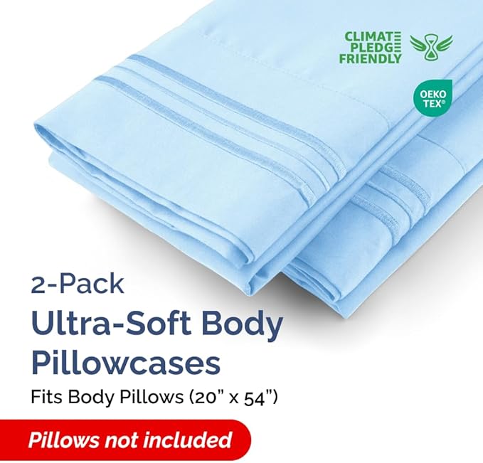 Body Pillowcases Set of 2-20x54 Long Body Pillow Case - Soft Body Pillow Cover for Sleeping & Side Sleepers - Comfy, Breathable & Wrinkle Free - Machine Washable w/Envelope Enclosure (Light Blue)