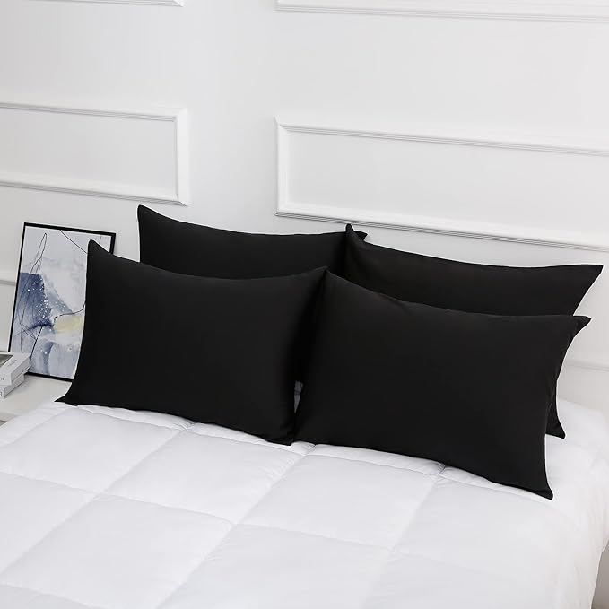 Cotton Pillow Protectors/Cases Queen Size with Zipper 4 Pack Black Color,Cooling & Breathable Bed Pillow Protectors Set of 4 Pillow Cases Cover (Queen Size 20" x 30")