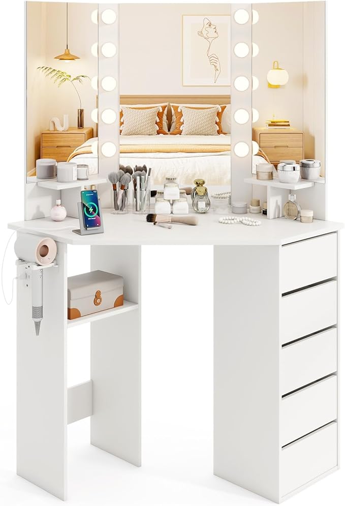 CHARMAID Corner Vanity Desk with Mirror and Lights, White Makeup Vanity Table with 5 Drawers, Storage Shelves, Charging Station, 3 Lighting Modes, Compact Vanity Dressing Table for Small Space