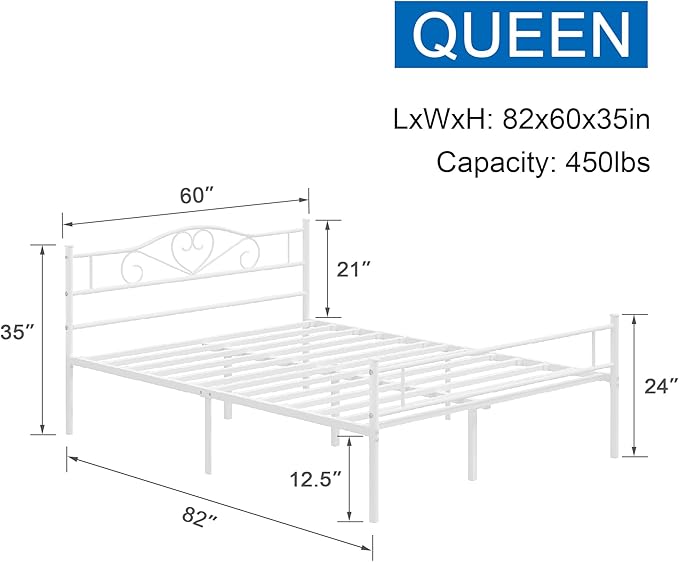 VECELO 14 Inch Queen Size Metal Platform Bed Frame with Headboard and Footboard, Heavy Duty Mattress Foundation with Steel Slats Support, No Box Spring Needed, White