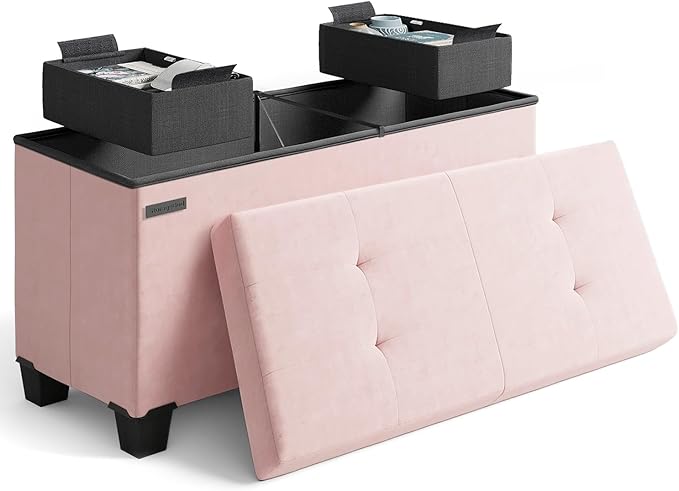 Storage Ottoman Bench with Bins, 30-in Storage Bench for Bedroom End of Bed, Folding Foot Rest Ottoman for Living Room Max 660lbs, Velvet Ottomans, Pink