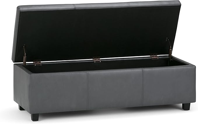 SIMPLIHOME Avalon Storage Ottoman Bench - 48" Wide x 16" High Upholstered Vegan Leather Rectangular Lift-Top Ottoman in Stone Grey, Contemporary Storage Bench for Living Room with High-Density Foam