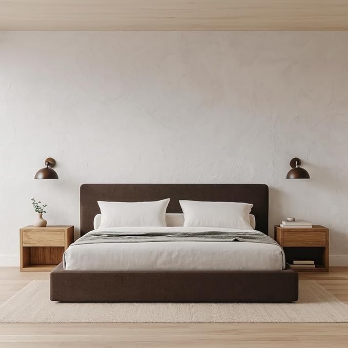 Square Bed – Washable Cover - Soft Upholstered Linen - Minimalist Modern - Sold Separately (Waterproof Brown Linen, King Base)