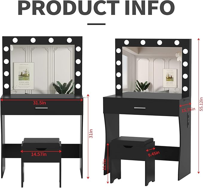 Vabches Vanity Table Set with 12 Light Bulbs, Makeup Dressing Table with Big Drawer & Mirror, Dresser Desk for Bedroom, Living Room Black