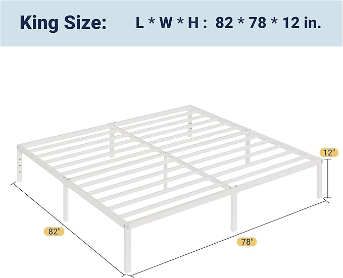 Allewie King Size Bed Frame, 12 Inch Metal Platform Beds with Storage Space, No Box Spring Required and Easy Assembly, White