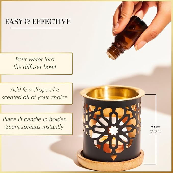 Dukhni Oil Burner | Brass Burner with Candle | Use for Essential Oil, Aroma Oil, Diffuser Oils | Relax with Home Aromatherapy, for Stress Relief, Meditation, Massage and Home Fragrance, Islamic Gift