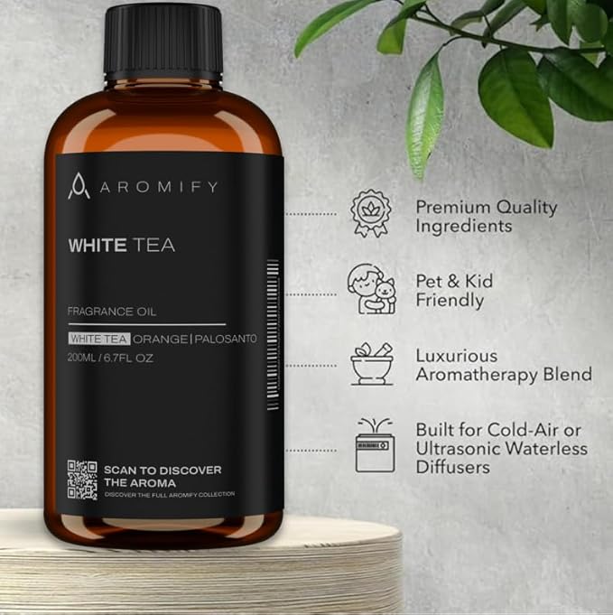 White Tea Diffuser Oil, 6.7 FL Oz, 200 mL, Aroma Essential Oil for Scent Diffusers, Luxury Hotel Scent for Home, Bathroom, Spa & Office, White Tea, Orange & Palosanto Scents