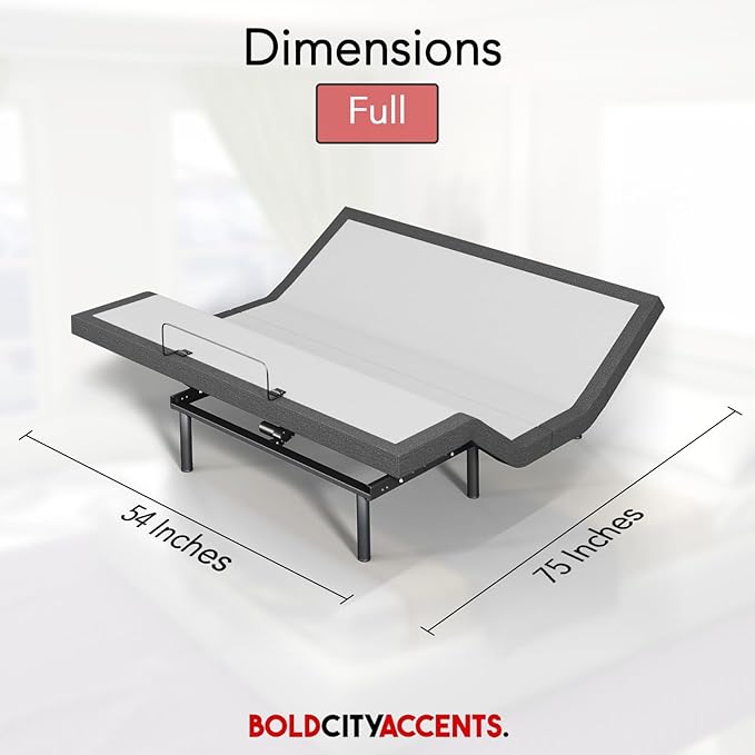 Bold City Accents Adjustable Bed Frame with Wireless Remote - Comfortable Zero Gravity Massage with Head & Foot Incline, Dual USB Charge & Under-Bed Nightlights - Powder Coated Adjustable Full Frame