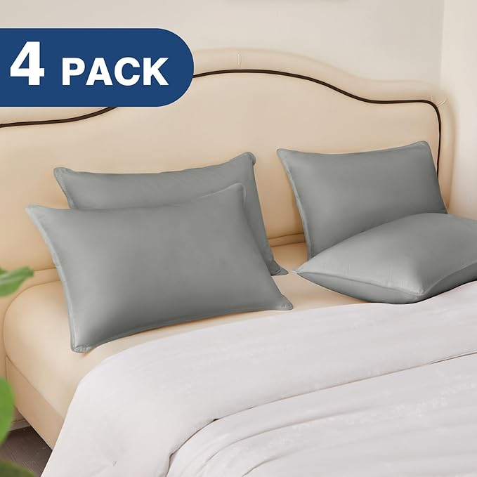 Goose Down Pillows Queen Size Set of 4, Hotel Quality Bed Pillow for Sleeping 4 Pack, 900 Fill Power Natural White Goose Feather Pillows with 700 TC 100% Organic Cotton Shell, 18"x30" Dark Grey