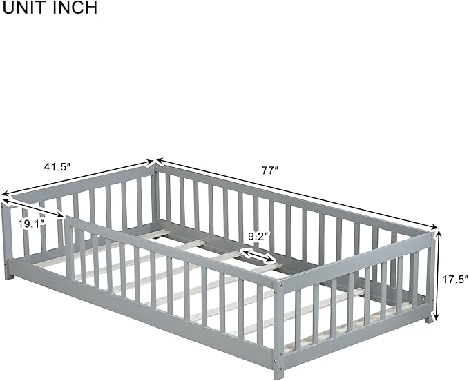 Bellemave Twin Floor Bed with Slats and Guardrails, Wood Montessori Floor Beds with Fence, Easy Assemble Floor Bed for Kids, Girls, Boys, Gary