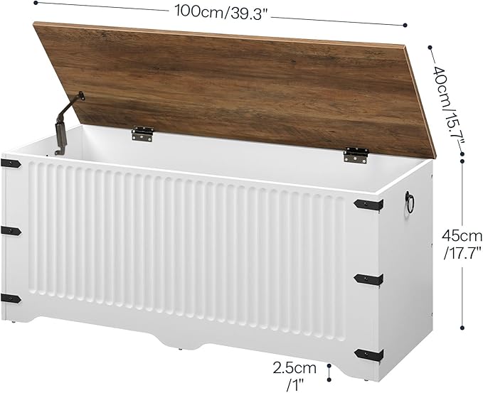 HOOBRO Storage Bench, Toy Box Organizer, Toy Chest with Safety Hinge, Farmhouse Style Storage Chest, 39.3 x 15.7 x 17.7 Inches for Living Room, Bedroom, Entryway, White and Walnut WH26CW01