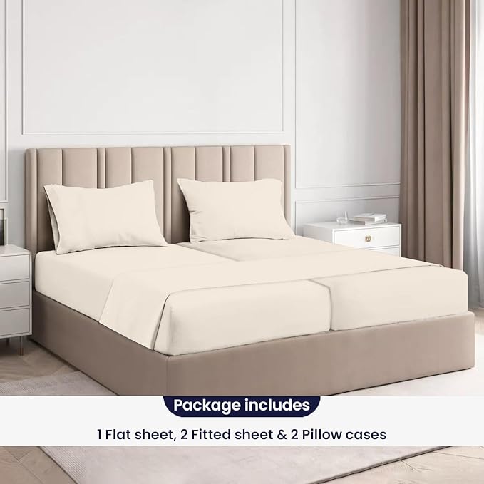 SGI Split King Sheet Set for Adjustable Bed Egyptian Premium Cotton 600 Thread Count Sheets for Sleep Number Bed 15" Deep Pocket 5 Pc Set with 2 Twin XL Fitted Sheets Soft Breathable -Ivory