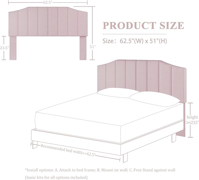 Furpopup Velvet Queen Size Headboard, Upholstered Headboard Queen/Full Size Wall Mount and Bed Frame Mount, Featuring High-Density Sponge Padding Luxury Texture Easy Assembly Comfort Style-Pink