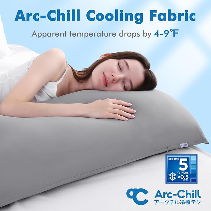 Avolare Cooling Body Pillow Cases 1 Pack,Arc-Chill 3.0 Cooling Body Pillow Cover for Hot Sleepers with Zipper(Q-Max>0.5), Soft Silky 20" x 54" Summer Long Pillow Cases for Hair and Skin- Grey