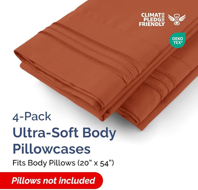 Body Pillowcases Set of 4-20x54 Long Body Pillow Case - Soft Body Pillow Cover for Sleeping & Side Sleepers - Comfy, Breathable & Fade Free - Machine Washable w/Envelope Enclosure - (Terracotta)