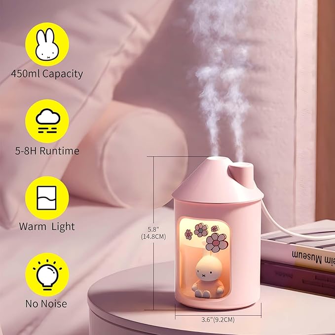 Mipow x miffy BTA700M Cool Mist Humidifier for Bedroom,Ultrasonic Quiet Humidifier with Night Light,450 ML Double Spray Humidifiers for Nursery,Office Indoor Plants (Pink), Gift for Mother's Day