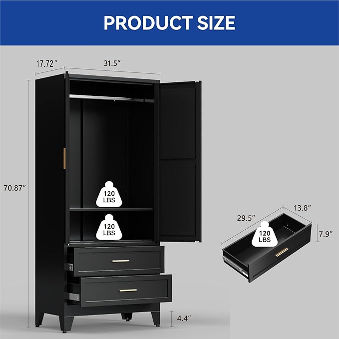 COFaR Armoire Wardrobe Closet with Drawers & Hanging Rod, 71'' Metal Wardrobe Closet with Doors & Adjustable Shelf, Farmhouse Wardrobe Cabinet for Bedroom Home Office Garage, Black