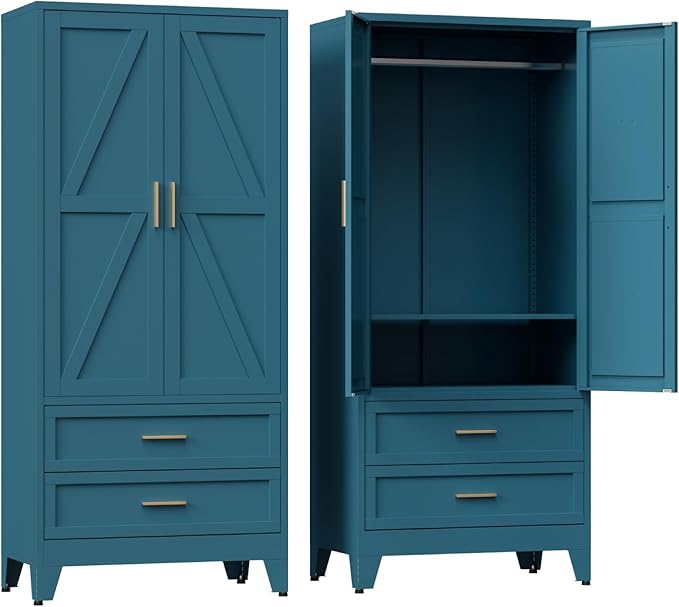 COFaR Armoire Wardrobe Closet with Drawers & Hanging Rod, 71'' Metal Wardrobe Closet with Doors & Adjustable Shelf, Farmhouse Wardrobe Cabinet for Bedroom Home Office, Peacock Blue
