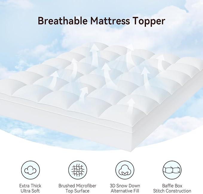 ABENE King Size Mattress Topper for Back Pain Relief, Extra Thick Mattress Pad Pillowtop, Soft Plush Mattress Cover Bed Topper with Deep Pocket, Overfilled Down Alternative Filling, White