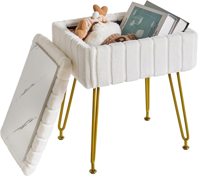 IBUYKE Vanity Chair with Storage Space, Footrest Ottoman, Small Side Table, Vanity Stool for Makeup Room, Bedroom, with Anti-Slip Feet, Faux Fur, White LG-50W
