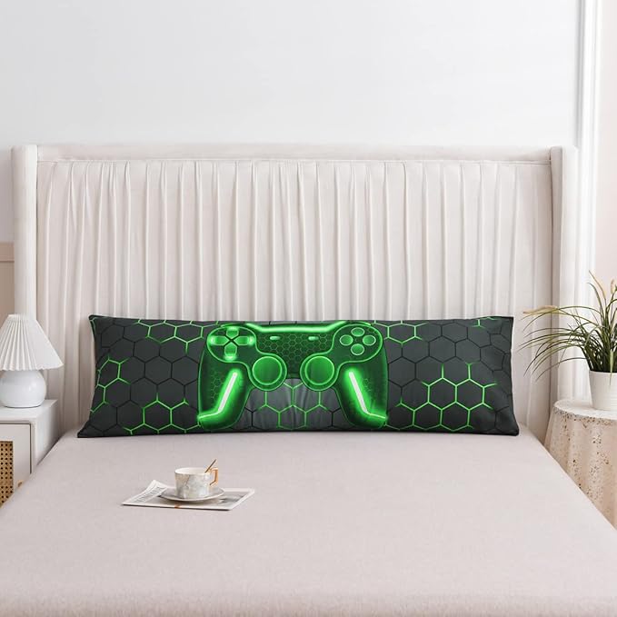 NTBED Gaming Body Pillow Cover Gamer Microfiber Pillowcase with Envelope Closure for Kids Boys Adults,(20"x54",Green)