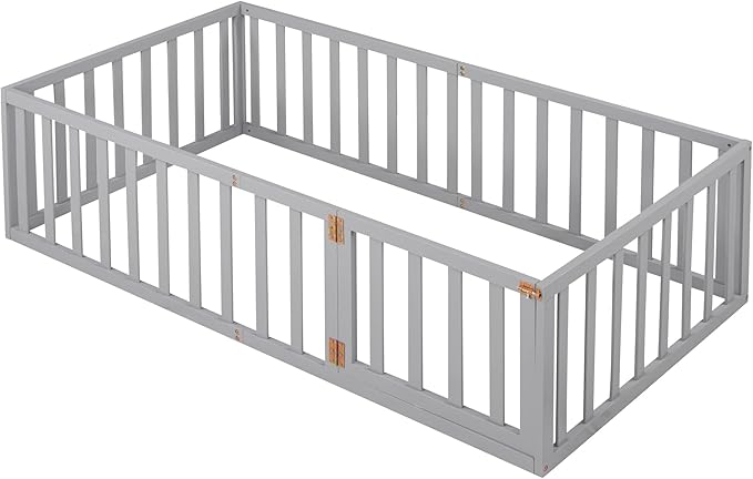 Bellemave Twin Size Montessori Floor Bed with 21.7" High Rails, Pine,Plywood Floor Bed with Small Door, Grey