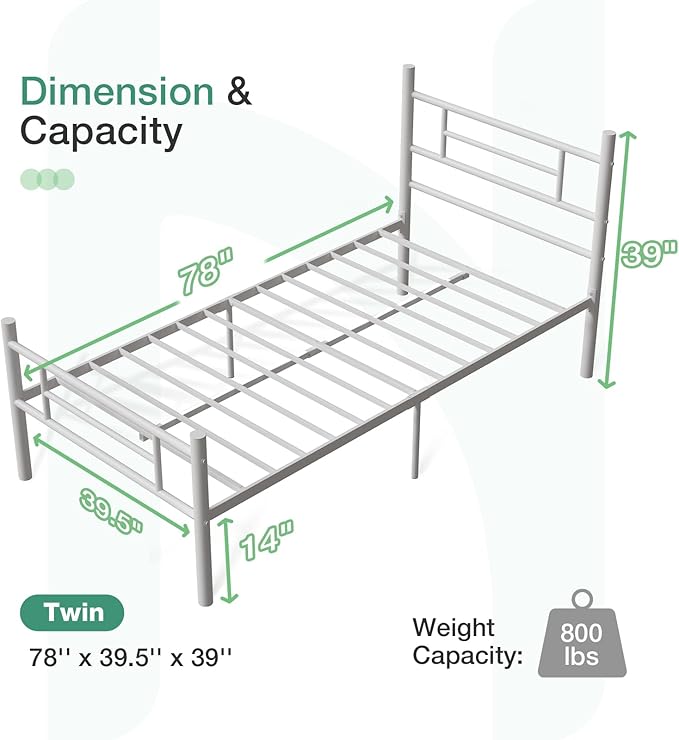Novilla Twin Bed Frame with Headboard and Footboard, 14 Inch Metal Platform Bed Frame with Under Bed Storage, No Box Spring Needed, Strong Metal Slats Support, White