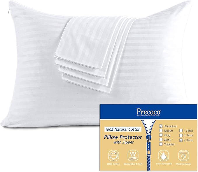 Precoco 100% Cotton Pillow Protectors with Zipper, Standard 4-Pack, White, 20x26 in