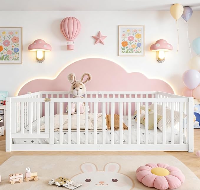 Bellemave Queen Size Montessori Floor Bed with 23.5" High Rails, Pine,Plywood Floor Bed with Small Door, White
