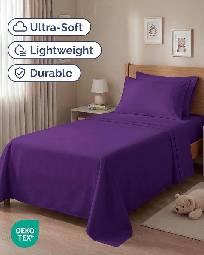Twin 4 Piece Sheet Set - Comfy, Breathable & Cooling - Hotel Luxury Bedding for Women, Men, Kids, Teens and Children - 1 Flat & 1 Fitted Sheet & 2 Pillowcases w/ Deep Pockets - Wrinkle Free - Purple