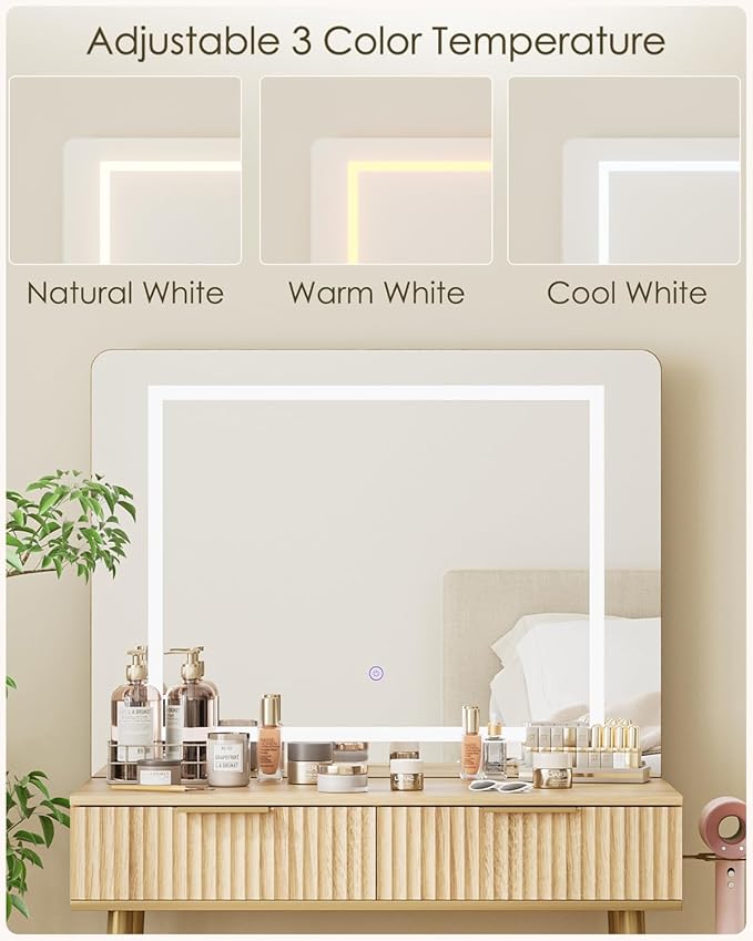 Vanity Desk with Large Mirror and Lights, Small Makeup Vanity Table with 2 Drawers, Dressing Table with 3 Adjustable Lighting Color, Small Makeup Desk for Bedroom, Natural with Gold Leg