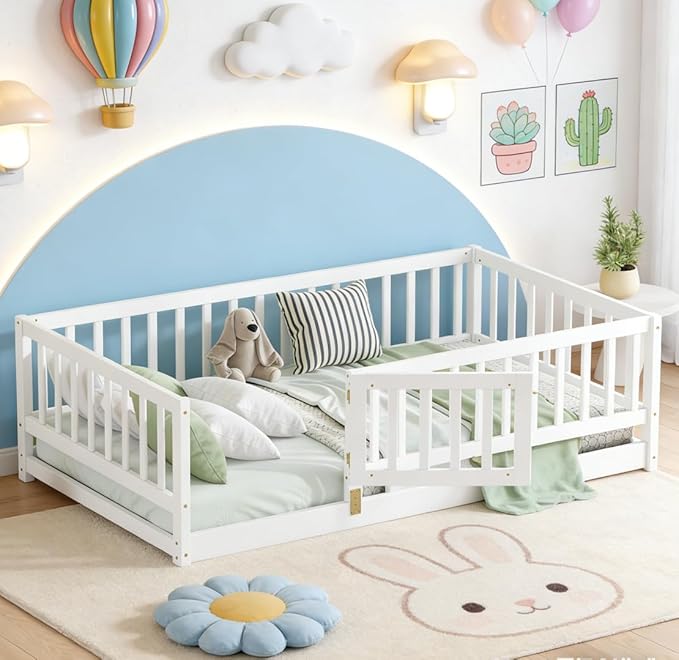 Bellemave Twin Size Montessori Floor Bed with 21.5" High Rails and Slats, Pine,Plywood Floor Bed with Small Door, White
